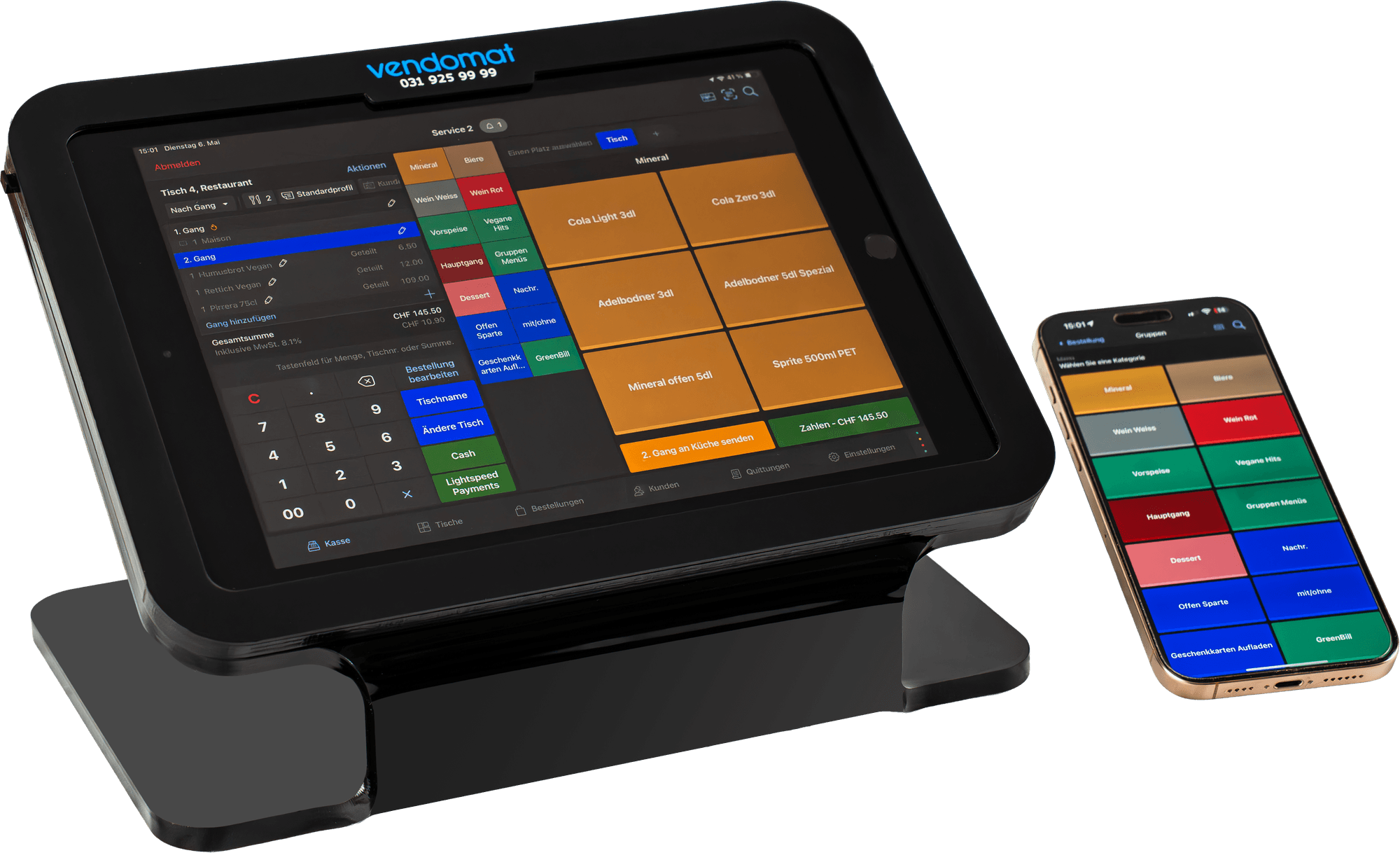 Lightspeed Kassenoberfläche auf dem iPad und iPhone ersichtlich. iPad ist im Plexiglasständer von der Vendomat verbaut.